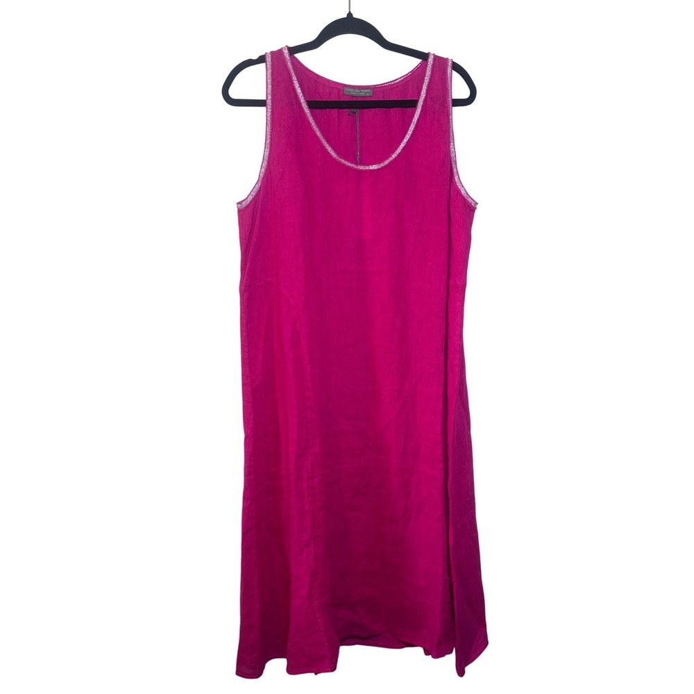 Piazza Del Tempio Magenta Linen Shift Dress Silver Trim Made in Italy XL 9A992